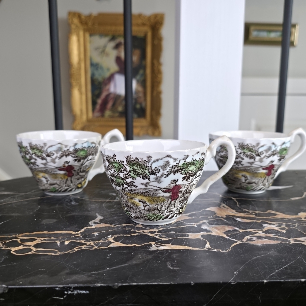 Vintage Myott "The Hunter" Footed Teacups (Set of 3) | Made in England